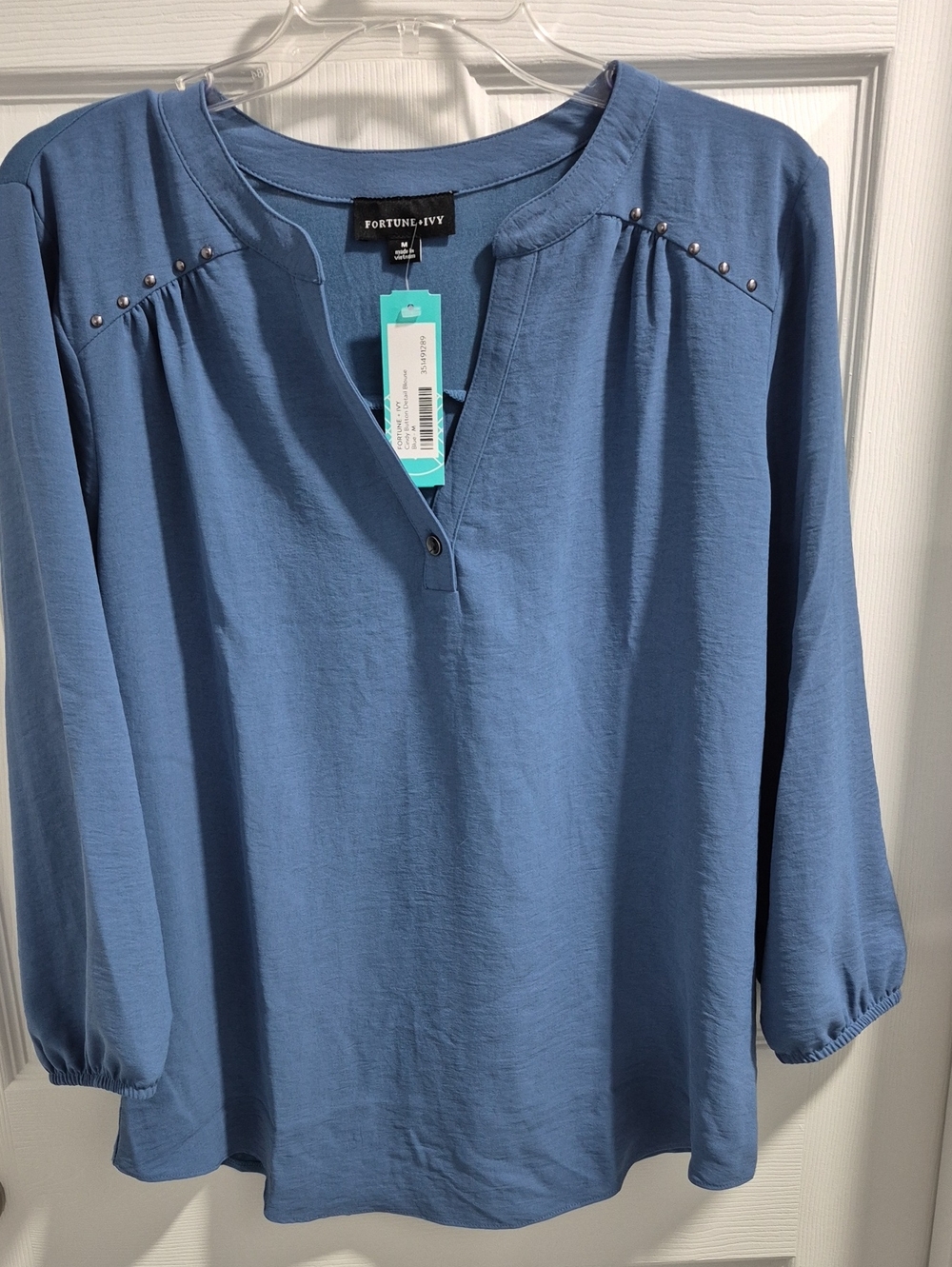 Fortune & Ivy Blue Notch-Neck Stud Accent Blouse